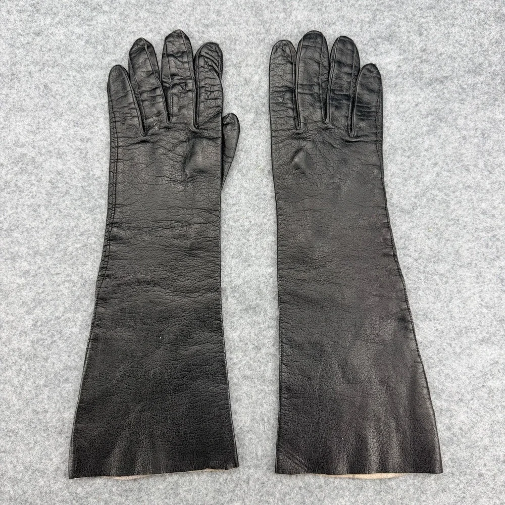 Vintage Fownes Embraceable Black Leather Opera Gloves Size 7 Made in USA 13in